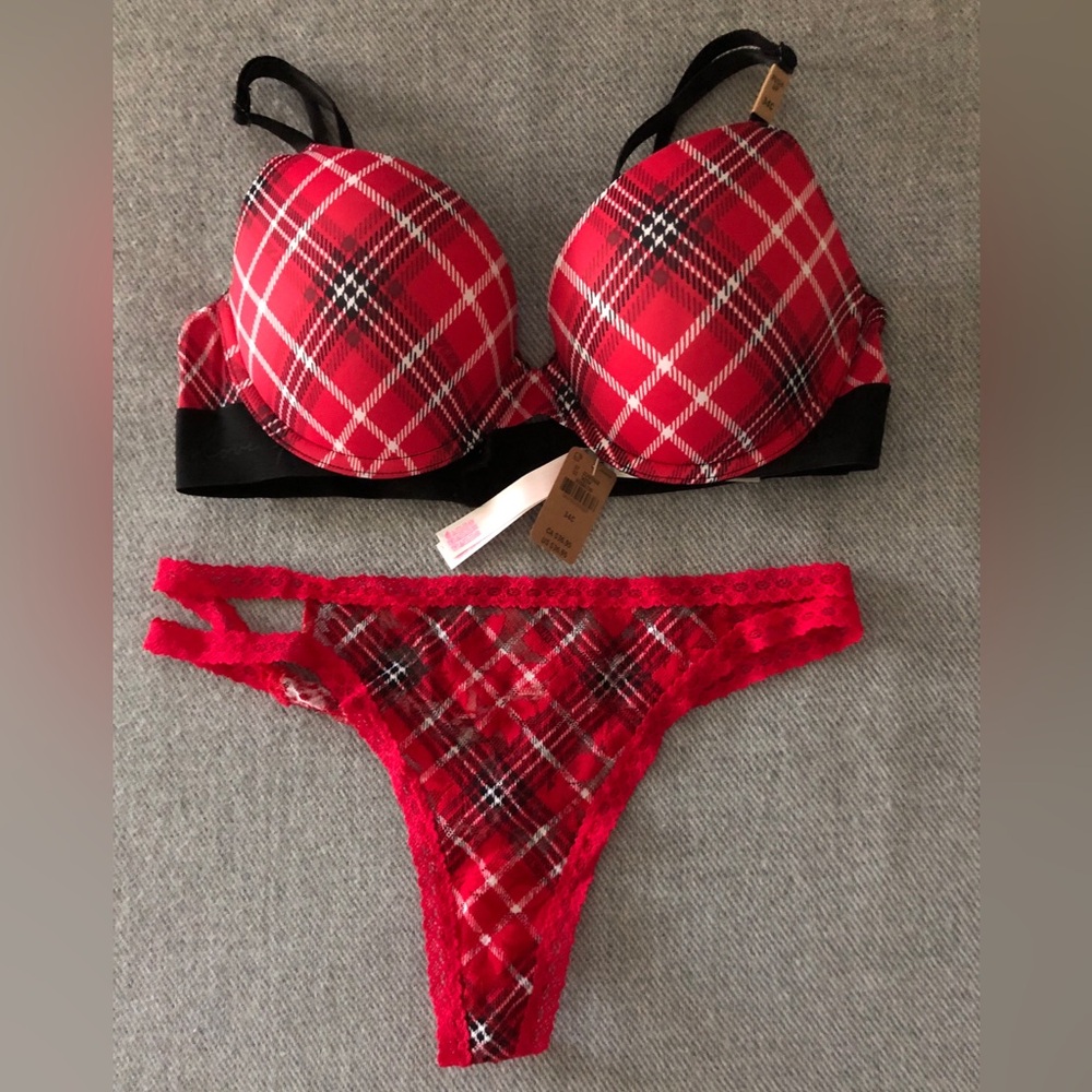 PINK Victoria's Secret Red Plaid Bra Set